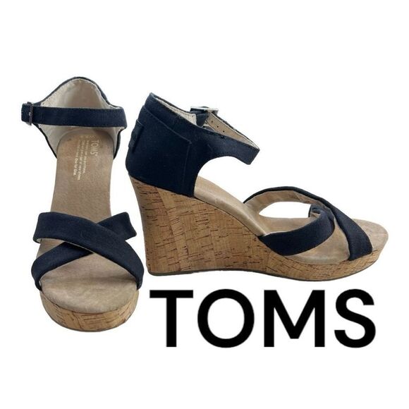 Toms Sierra Women's Canvas Open Toe Criss Cross Cork Wedge Heels Black Size 8.5 - Picture 1 of 11